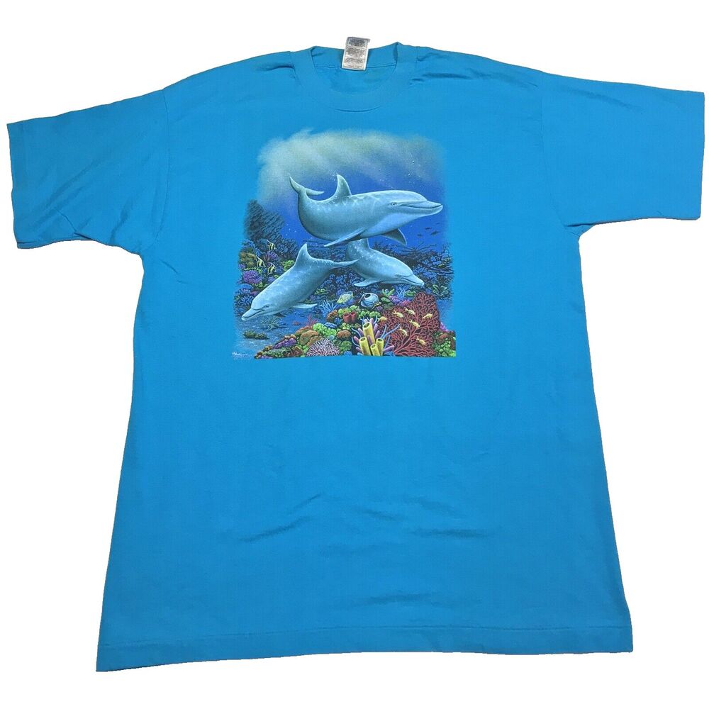 NATURES WEAR Dolphin Graphic T Shirt Men XL Aqua Teal Short Sleeve Ocean Beach